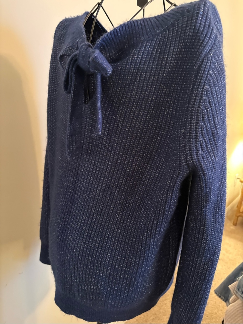 LOFT outlet Shimmery Silver Ribbed Crew Neck Sweater back neck tie Navy blue